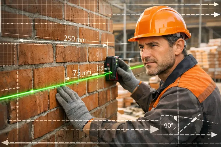 builder checking brick wall level with laser level and construction measurement overlay