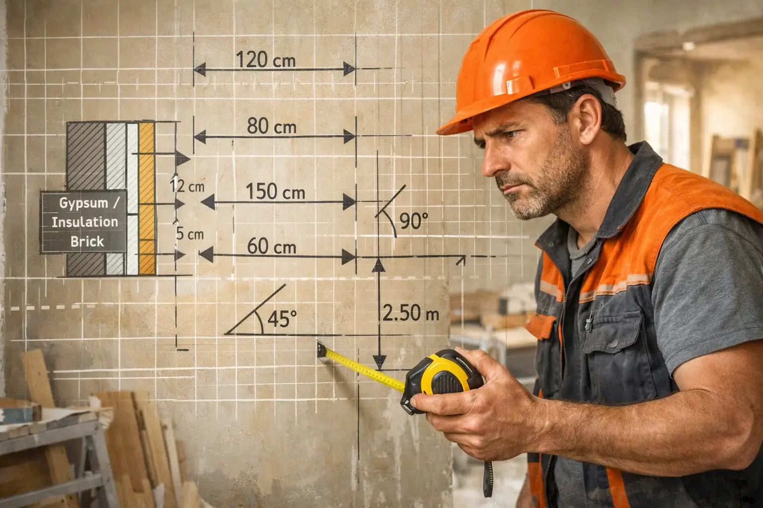 builder measuring wall layout with construction grid overlay