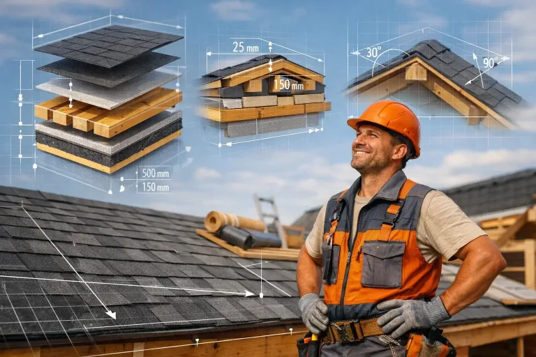 builder inspecting roof installation with roofing layer diagram overlay