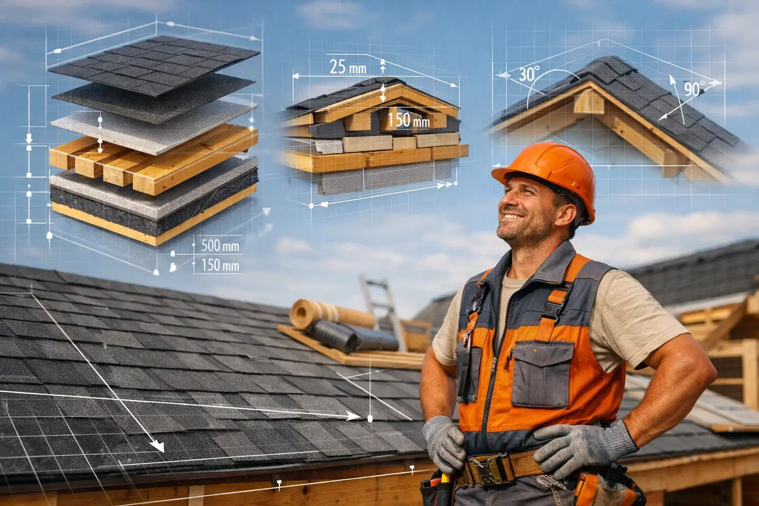 builder inspecting roof installation with roofing layer diagram overlay
