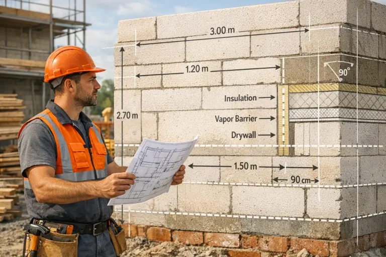 builder analyzing wall construction plan with measurement overlay