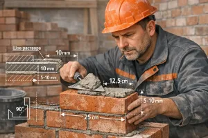 builder applying mortar on brickwork with construction diagram overlay