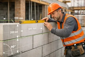 builder checking aerated concrete wall geometry with measurement overlay