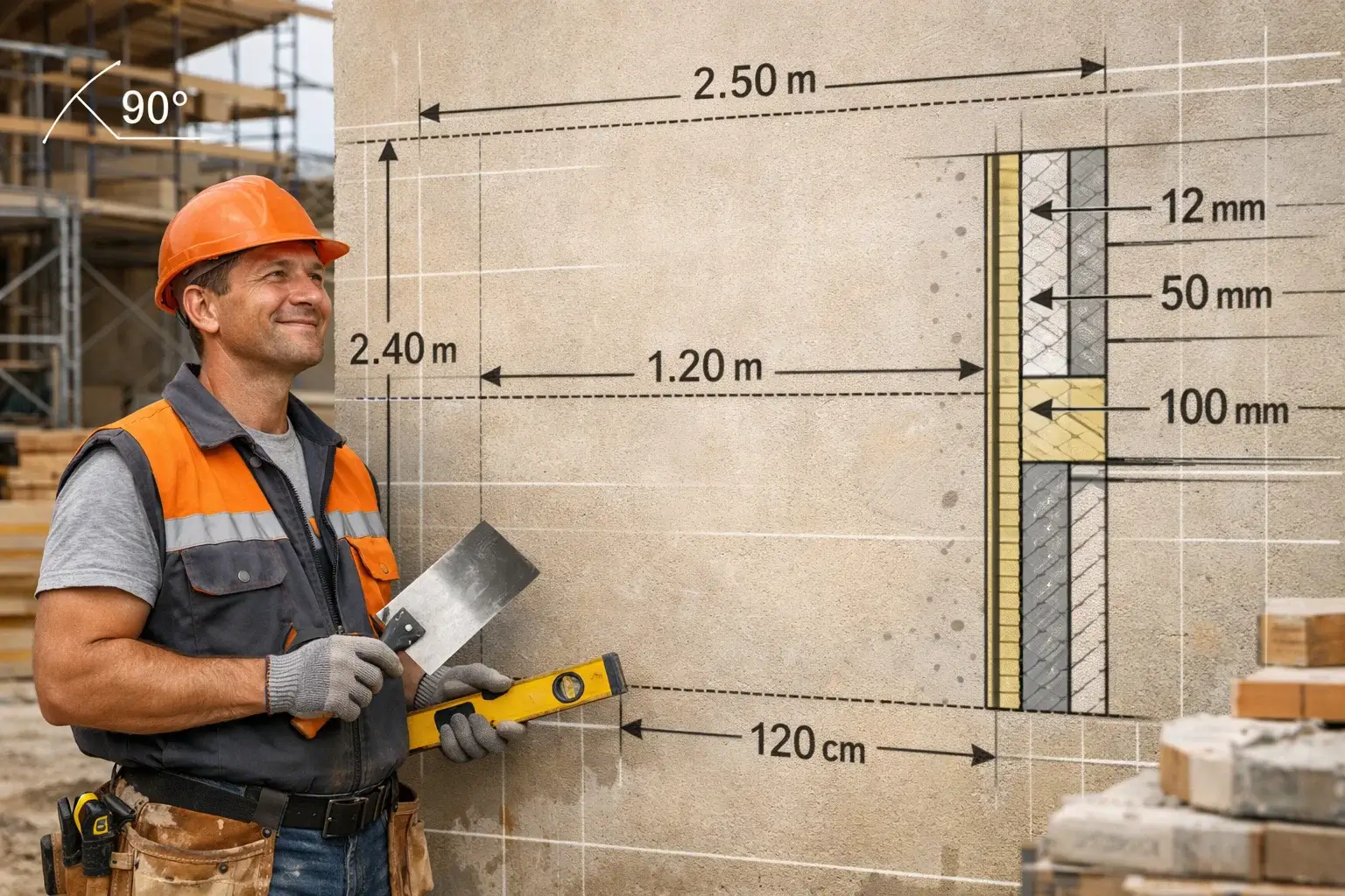 builder inspecting finished wall with construction measurement overlay