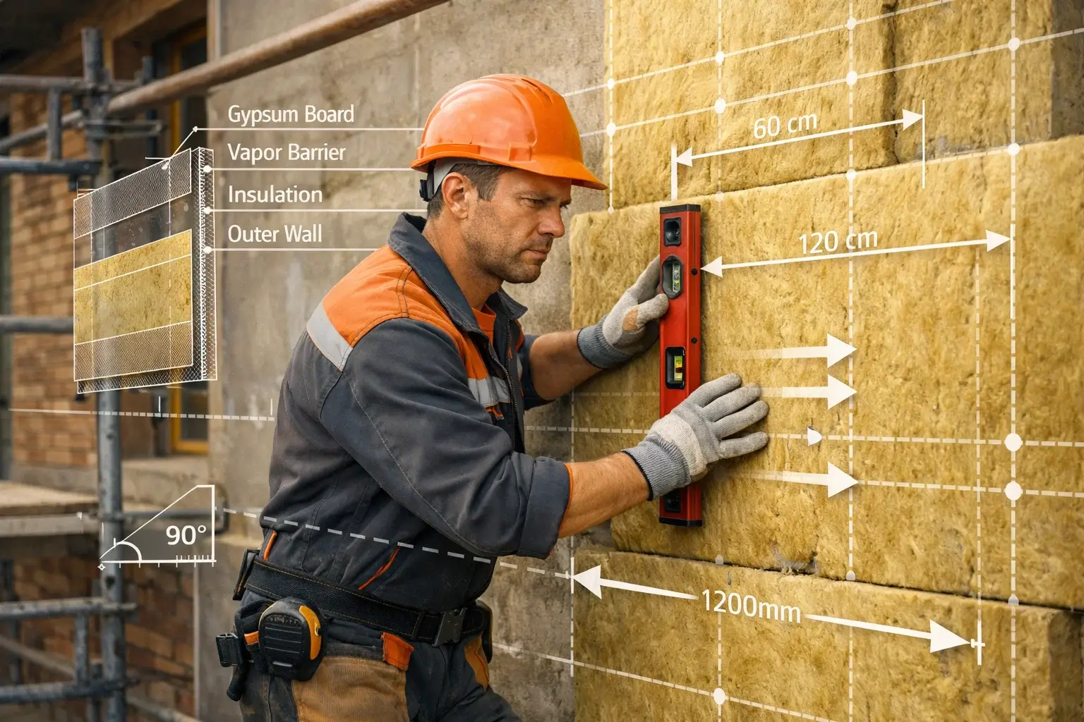 builder installing wall insulation with layer diagram overlay