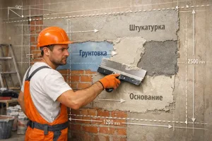 builder applying plaster to wall with construction layer diagram overlay