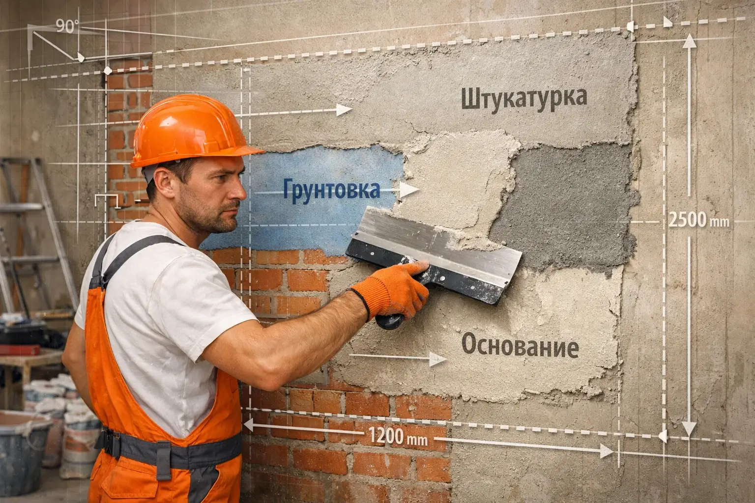 builder applying plaster to wall with construction layer diagram overlay