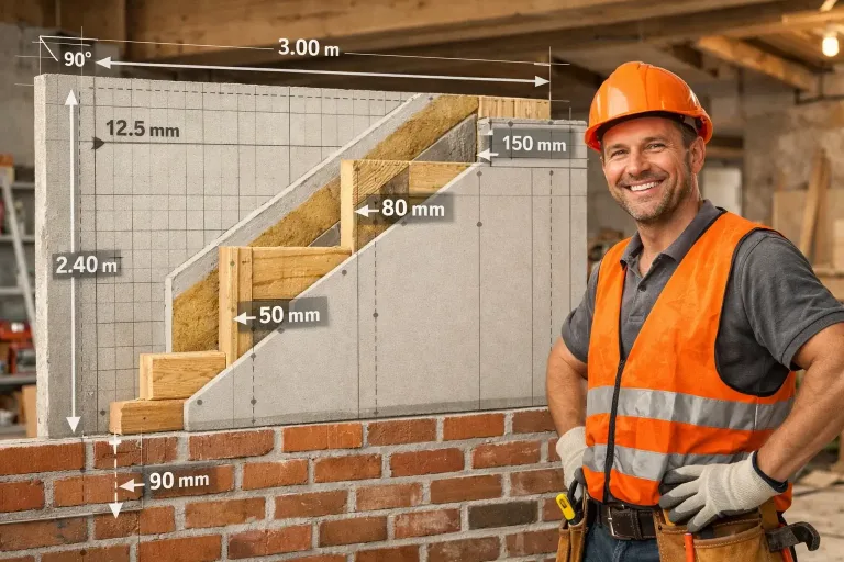 builder reviewing finished construction wall with measurement overlay