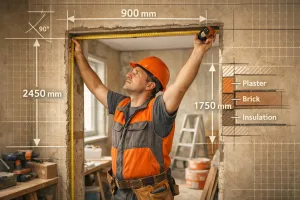 builder measuring door opening with tape measure and construction measurement overlay