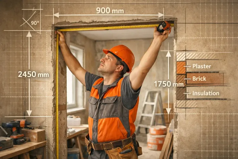 builder measuring door opening with tape measure and construction measurement overlay