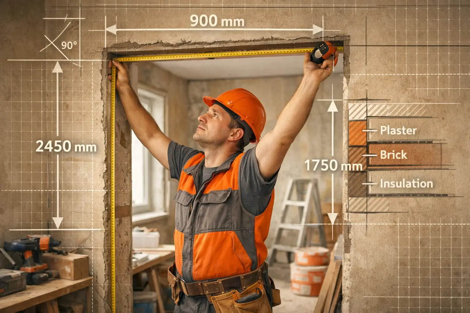 builder measuring door opening with tape measure and construction measurement overlay