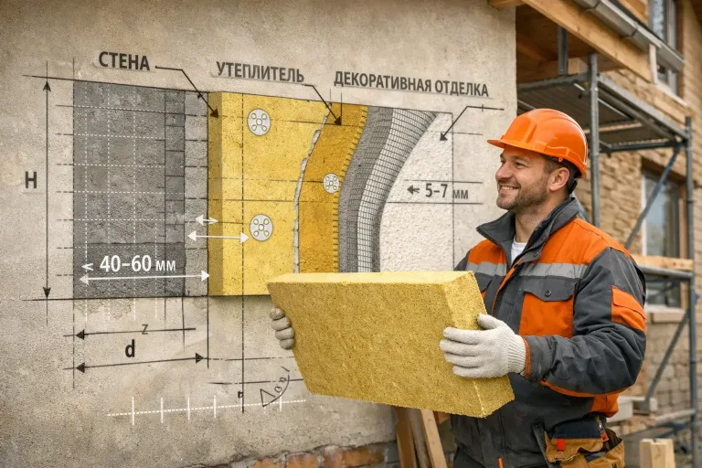 builder installing facade insulation with wall layer diagram overlay