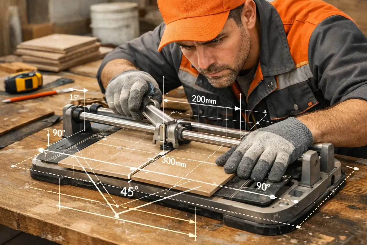builder cutting ceramic tile with measurement grid overlay
