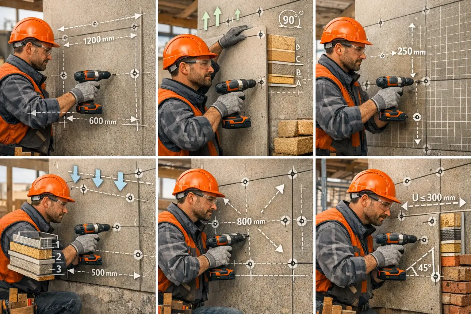 builder installing wall panel with drill and construction diagram overlay