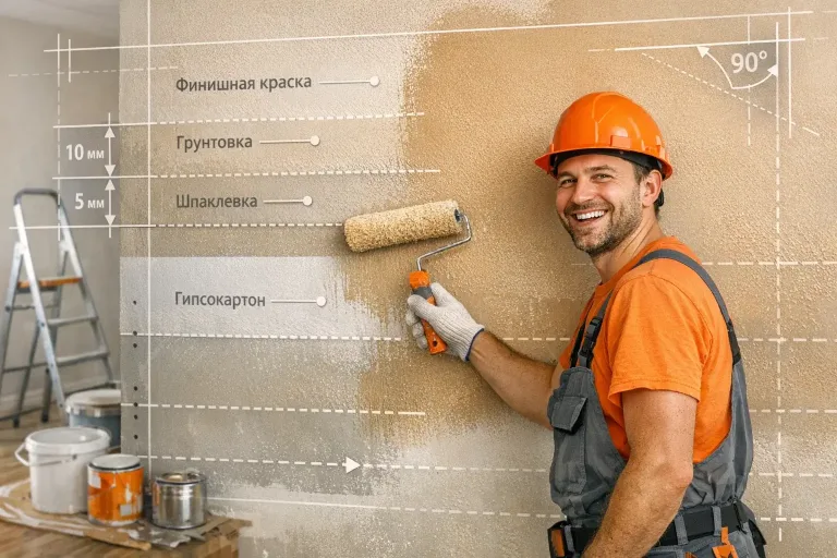 builder painting wall with roller and paint layer diagram overlay
