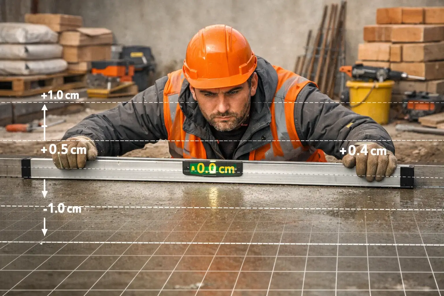 builder checking concrete surface level with measurement overlay