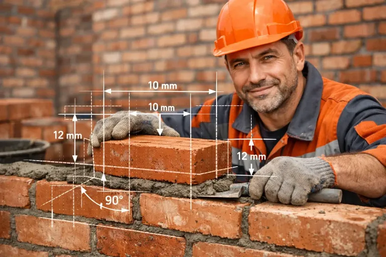 builder laying brick with masonry geometry overlay